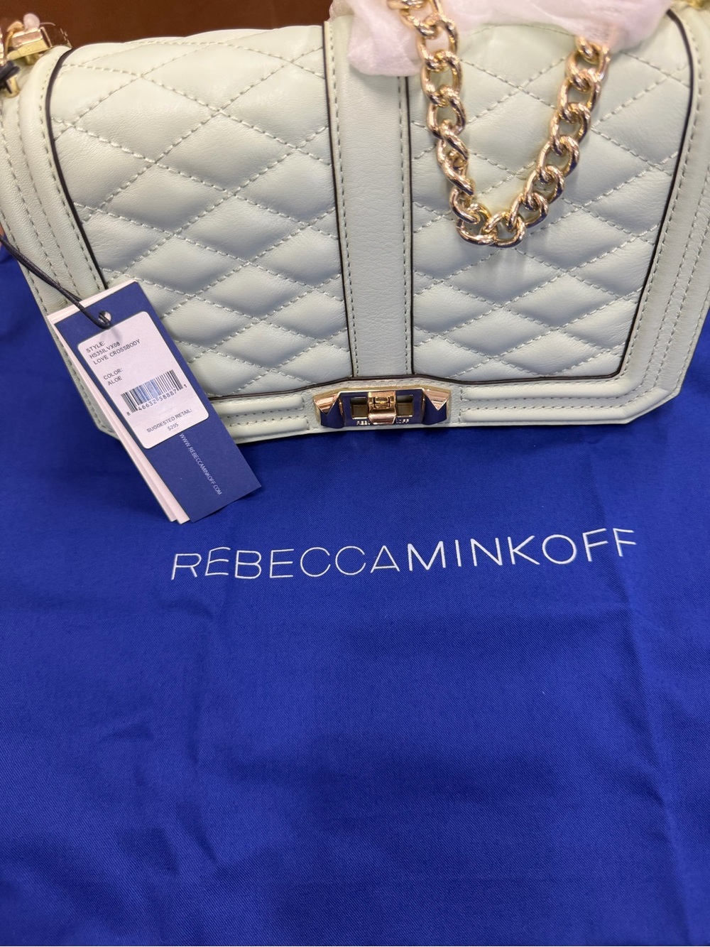 Rebecca Minkoff Quilted Leather Crossbody in Pale Mint with Gold Chain